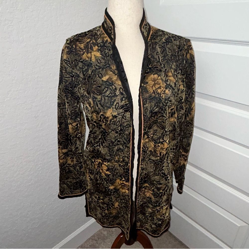 Vintage Coldwater Creek Open Front Jacquard Tapestry Long Sleeve Jacket Coat
